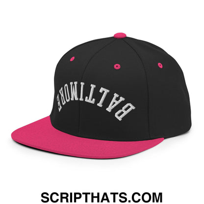 Upside Down Baltimore Embroidered Flat Bill Brim Snapback Hat Black Neon Pink
