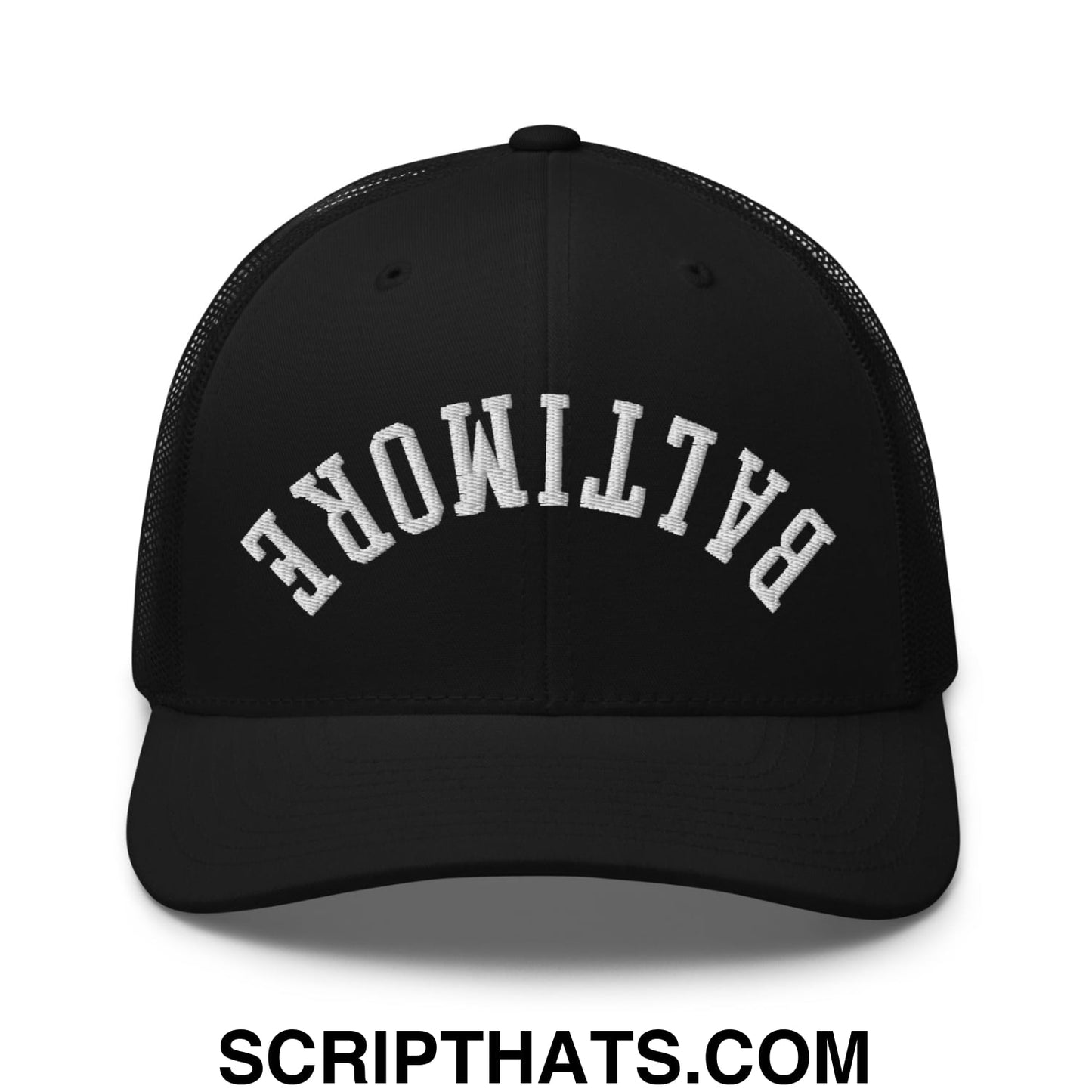 Upside Down Baltimore Embroidered Mesh Trucker Hat Black