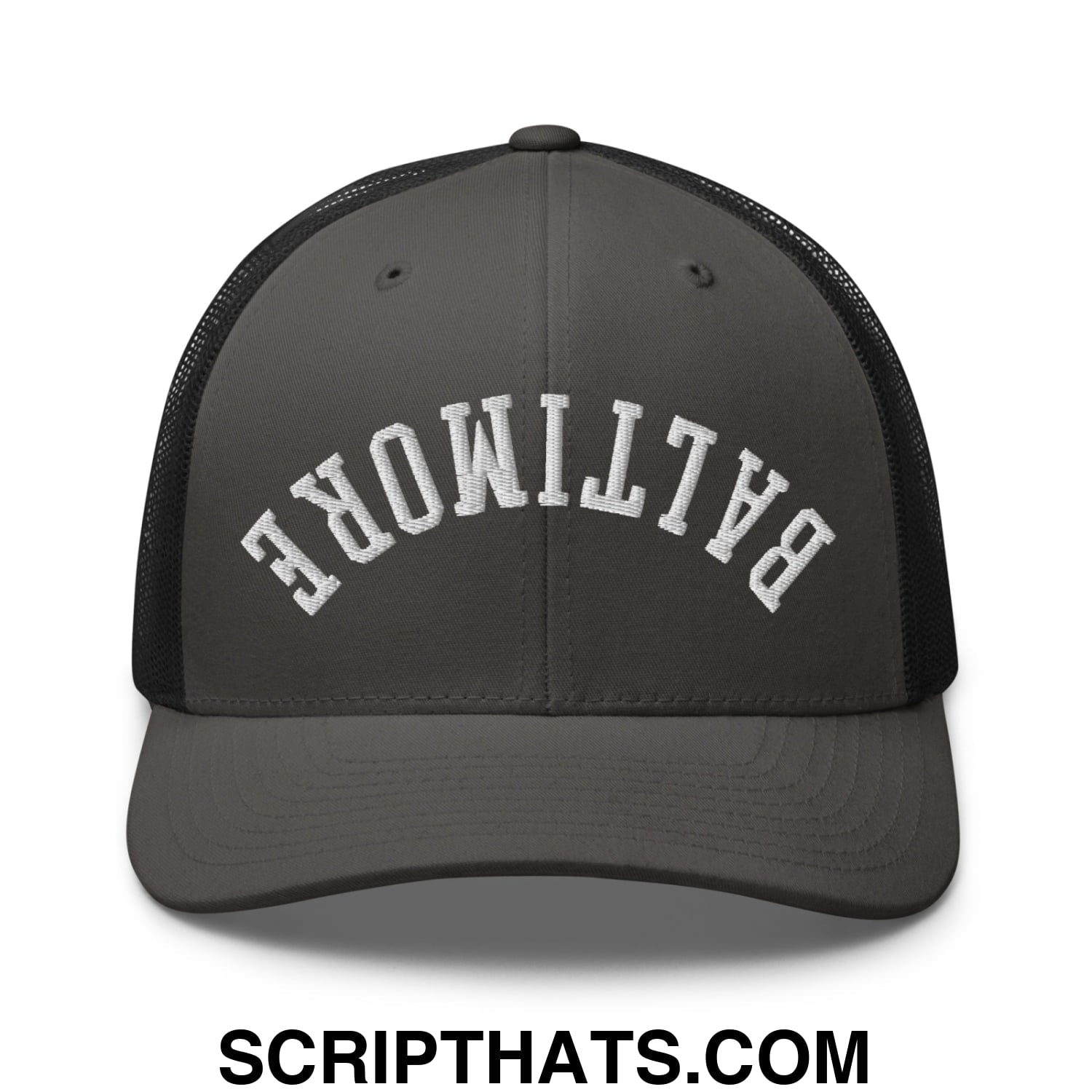 Upside Down Baltimore Embroidered Mesh Trucker Hat Charcoal Black