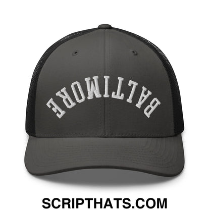 Upside Down Baltimore Embroidered Mesh Trucker Hat Charcoal Black