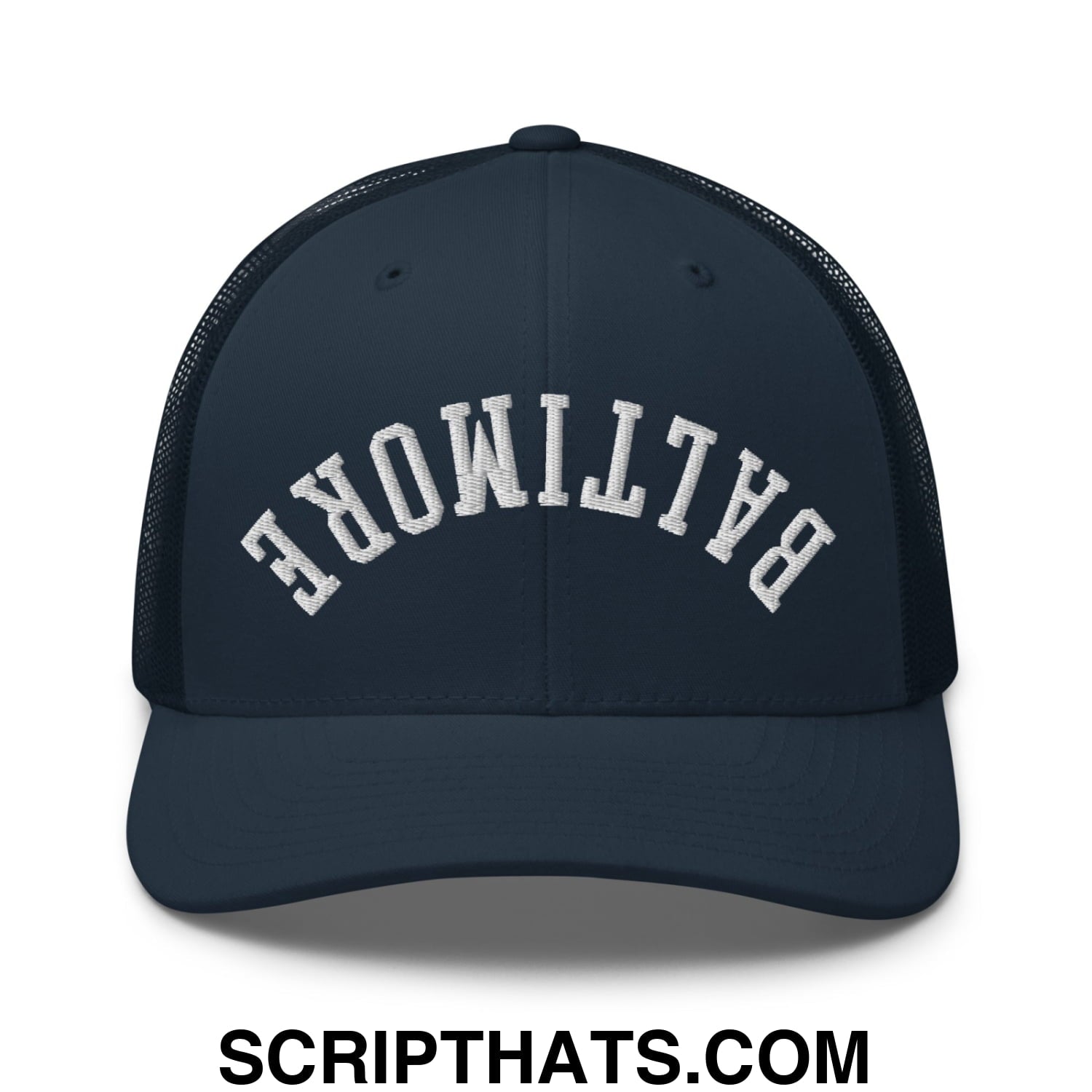 Upside Down Baltimore Embroidered Mesh Trucker Hat Navy