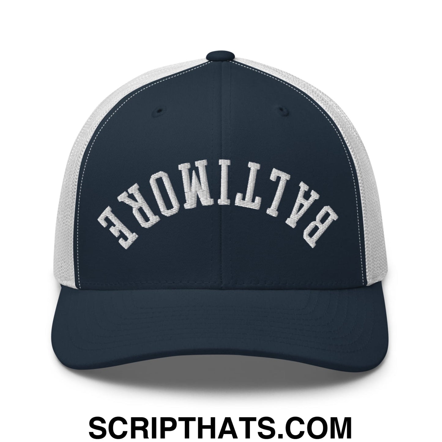 Upside Down Baltimore Embroidered Mesh Trucker Hat Navy White