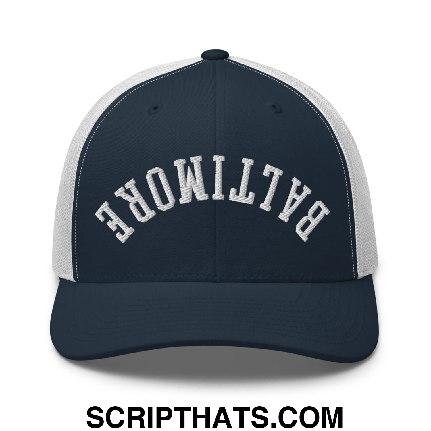 Upside Down Baltimore Embroidered Mesh Trucker Hat Navy White
