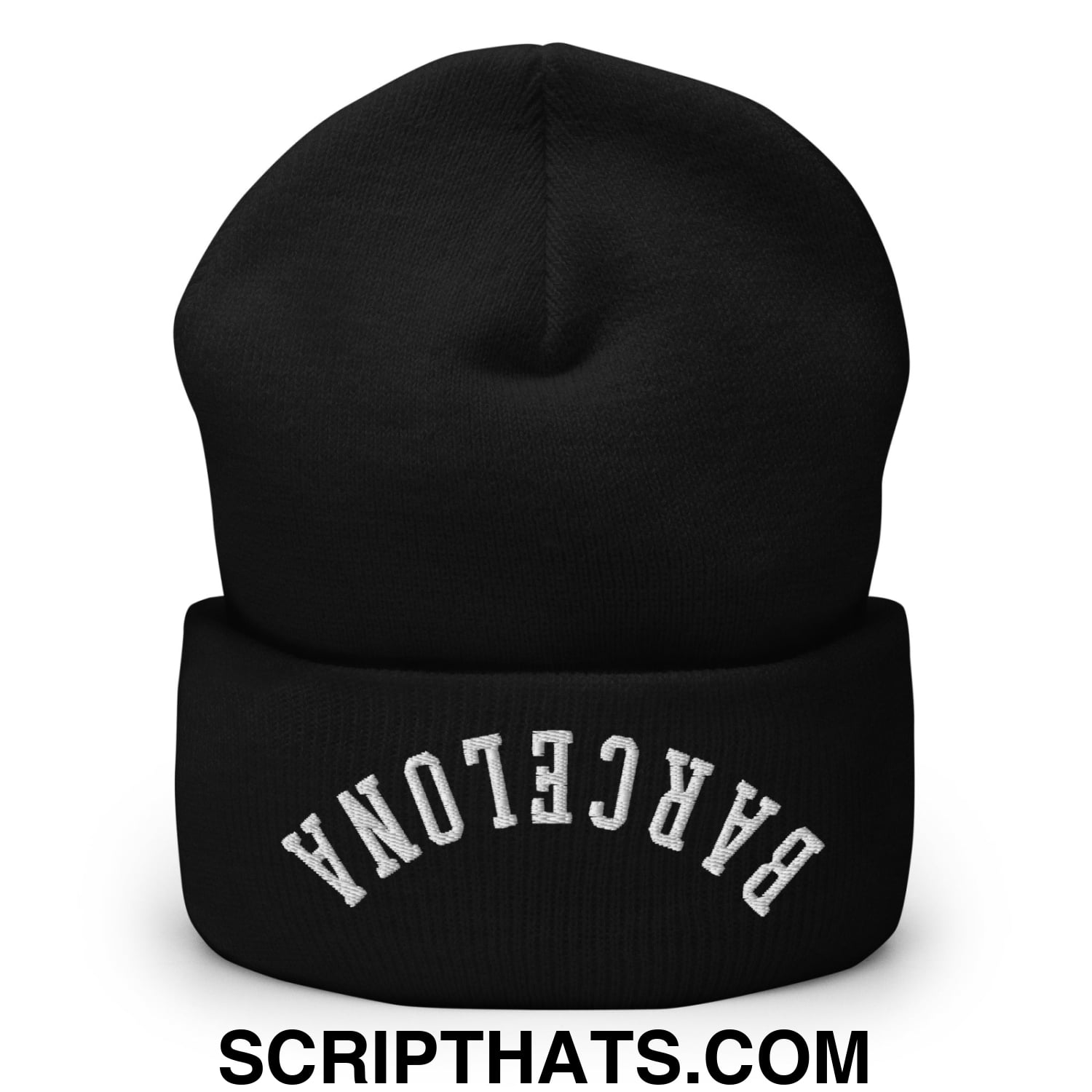 Upside Down Barcelona Embroidered Cuffed Knit Beanie Black