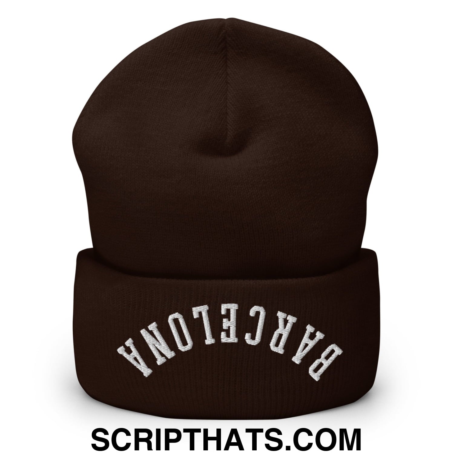 Upside Down Barcelona Embroidered Cuffed Knit Beanie Brown
