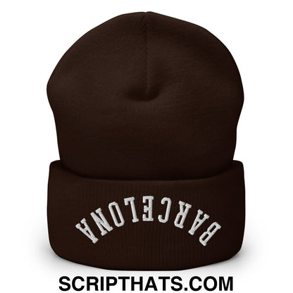 Upside Down Barcelona Embroidered Cuffed Knit Beanie Brown