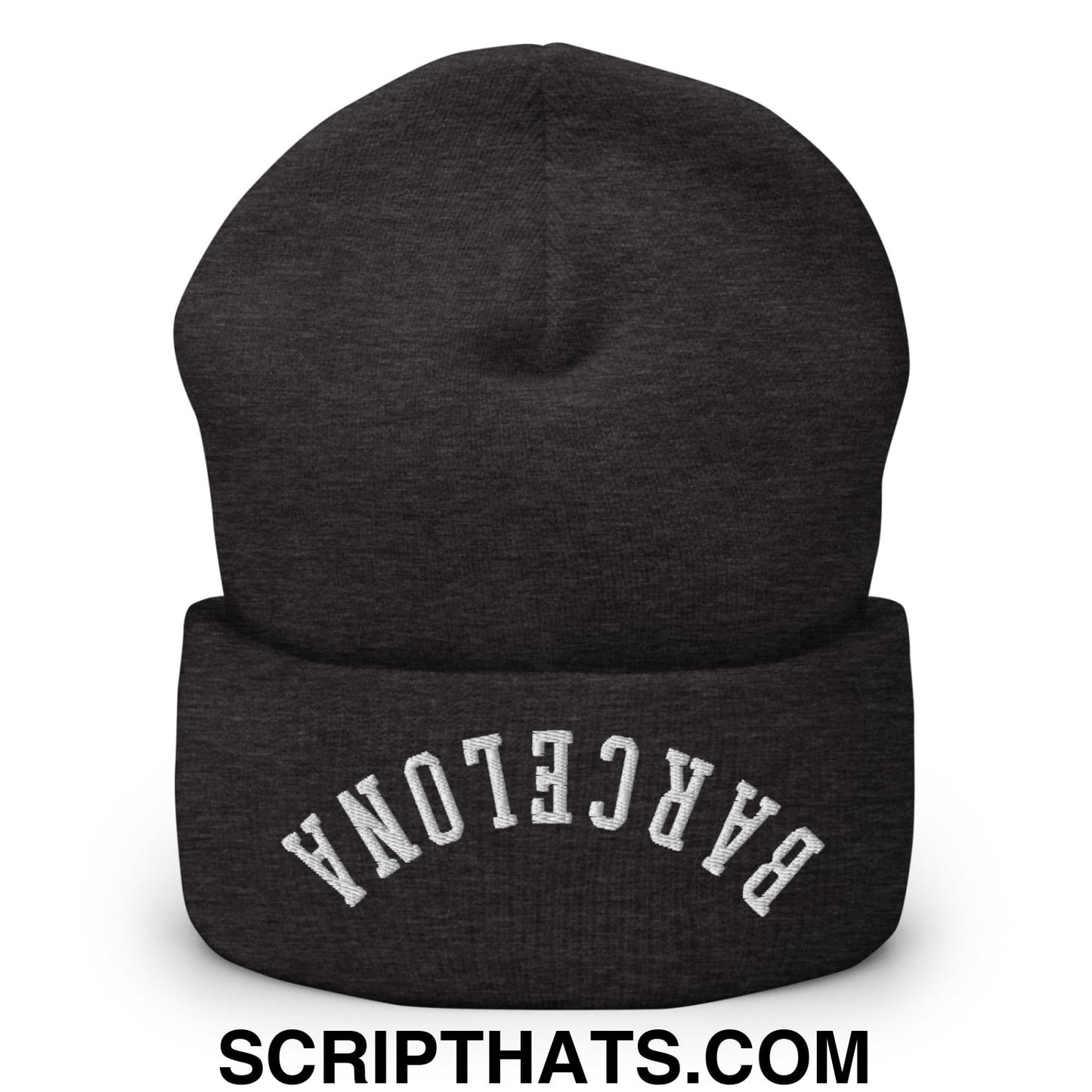 Upside Down Barcelona Embroidered Cuffed Knit Beanie Dark Grey