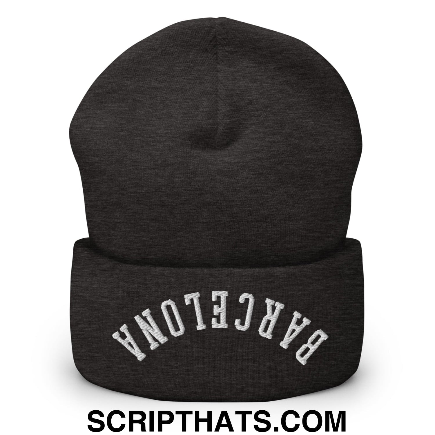 Upside Down Barcelona Embroidered Cuffed Knit Beanie Dark Grey