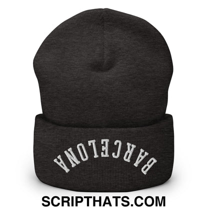 Upside Down Barcelona Embroidered Cuffed Knit Beanie Dark Grey