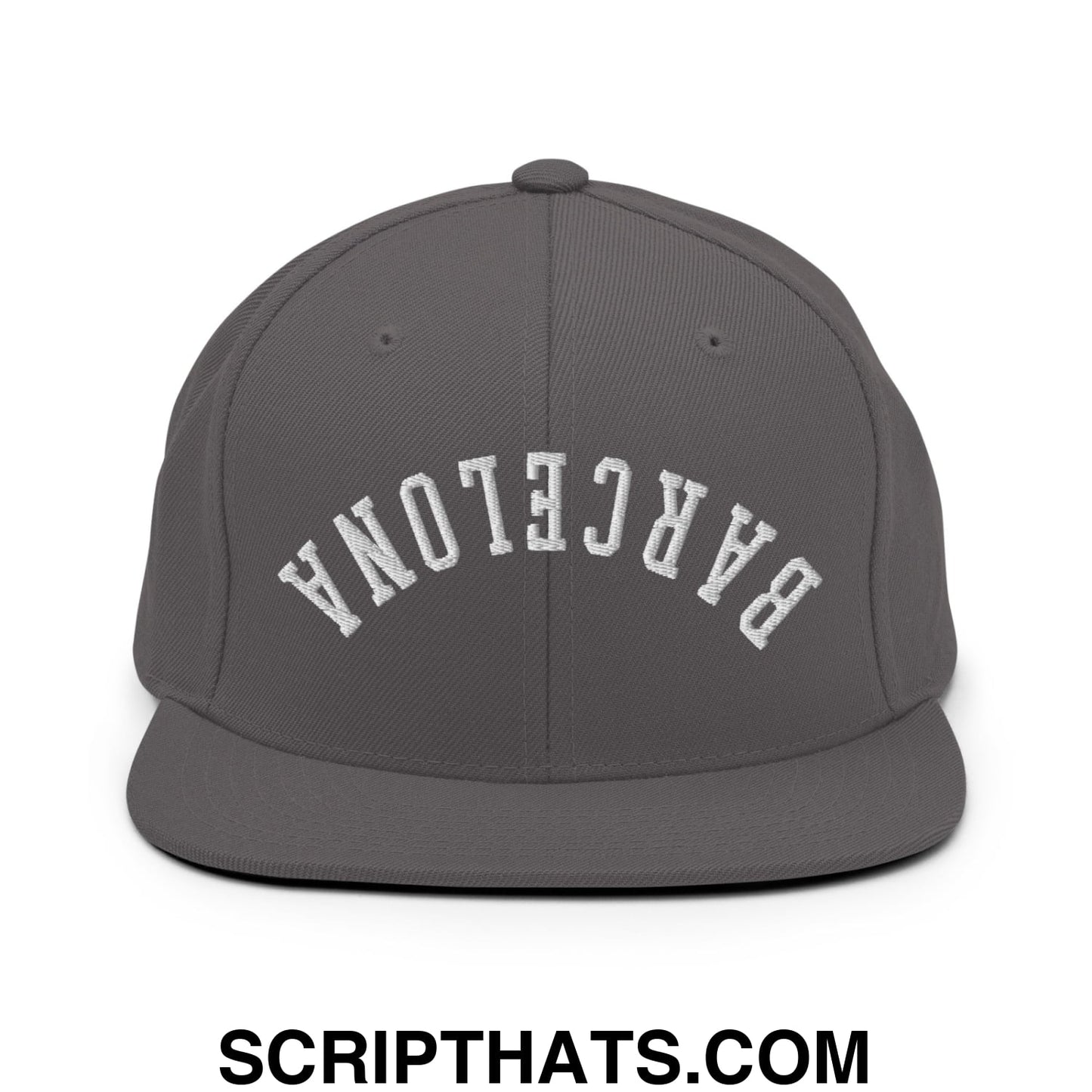 Upside Down Barcelona Embroidered Flat Bill Brim Snapback Hat Dark Grey