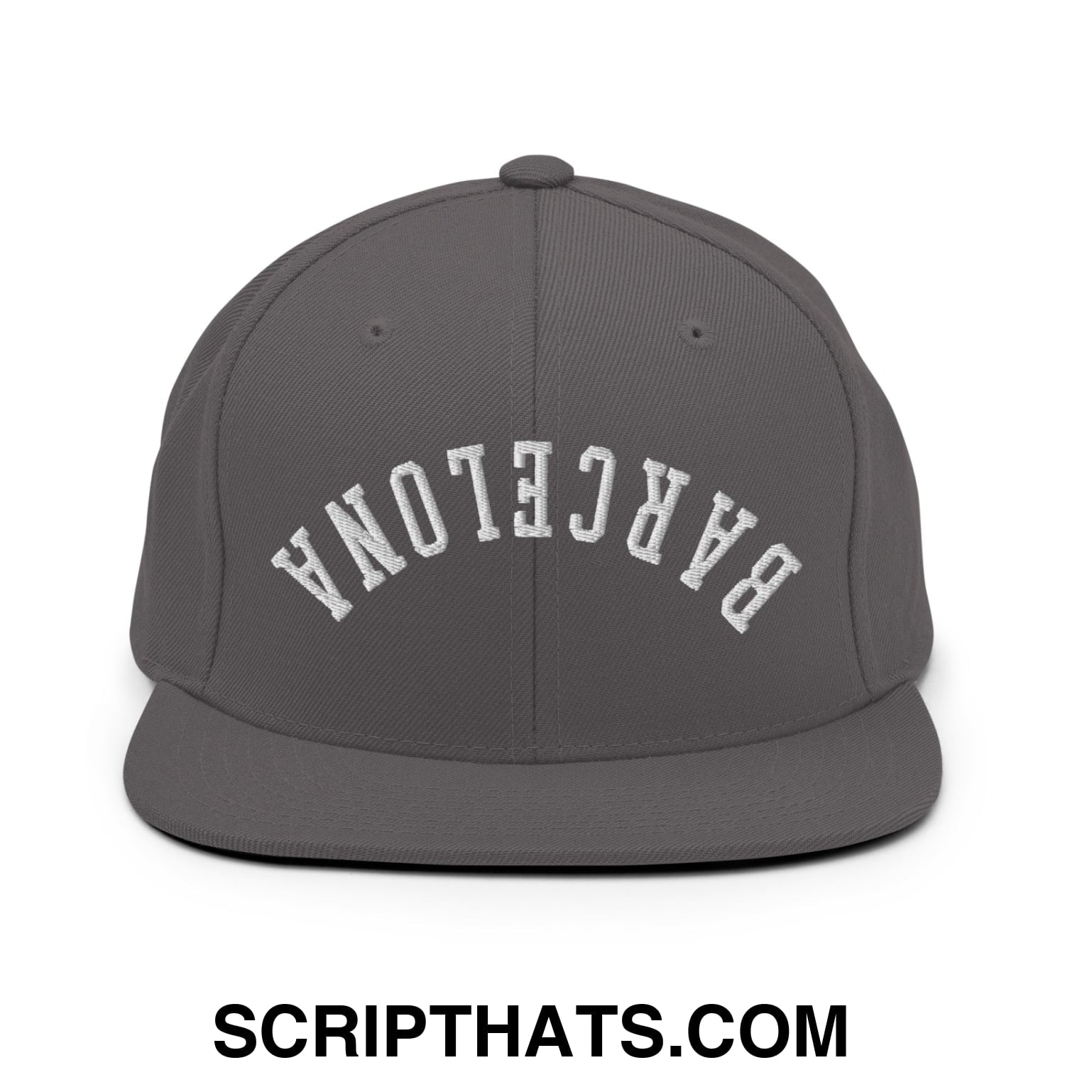 Upside Down Barcelona Embroidered Flat Bill Brim Snapback Hat Dark Grey