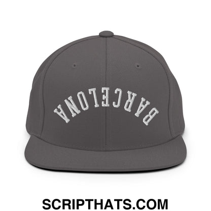 Upside Down Barcelona Embroidered Flat Bill Brim Snapback Hat Dark Grey