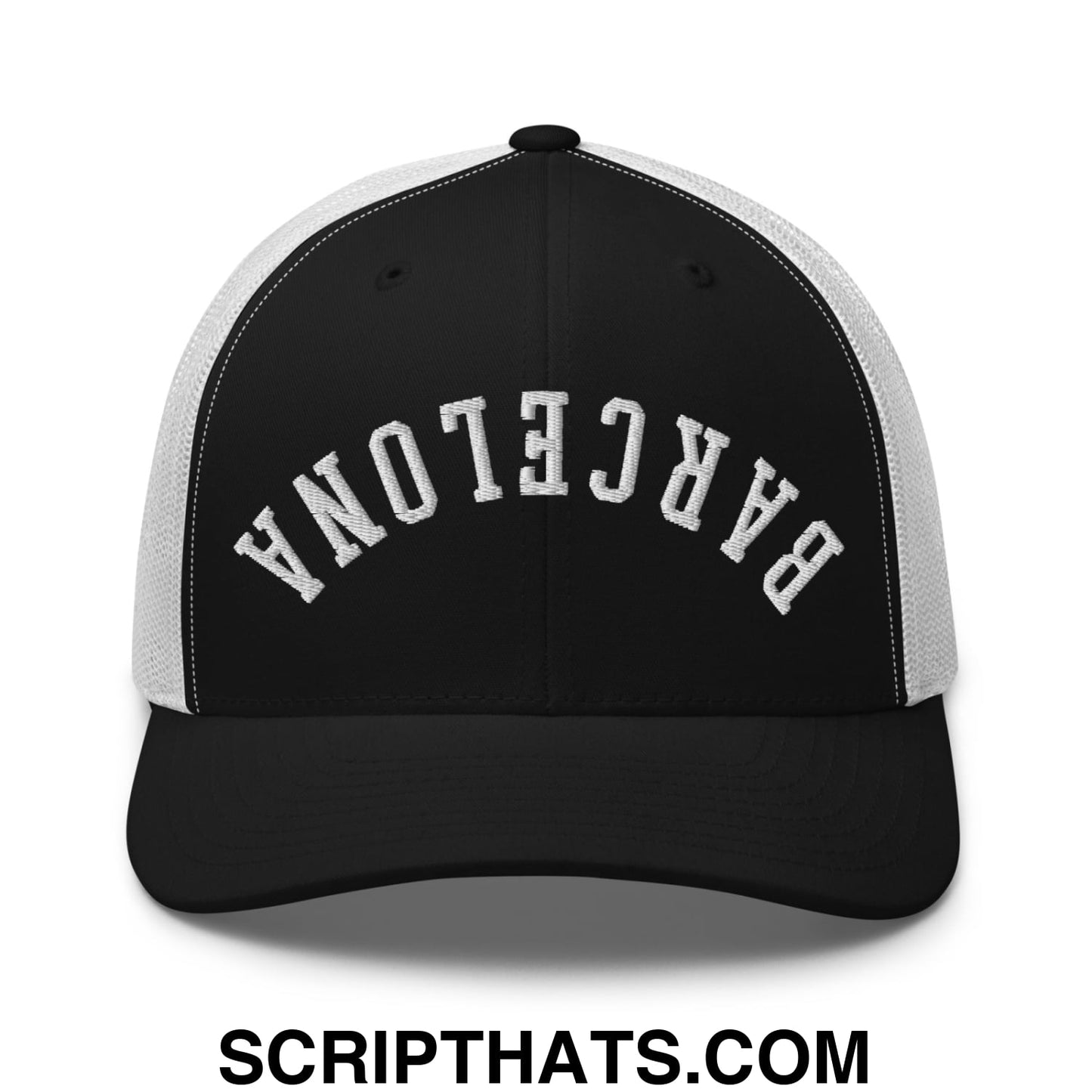 Upside Down Barcelona Embroidered Mesh Trucker Hat Black White