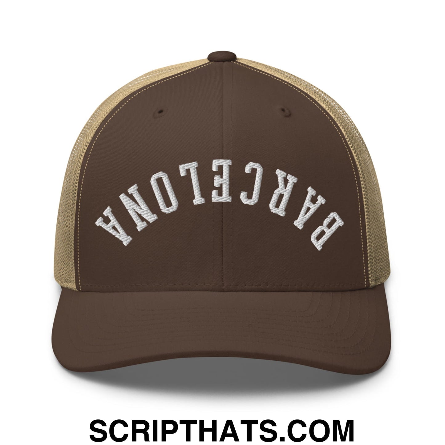 Upside Down Barcelona Embroidered Mesh Trucker Hat Brown Khaki