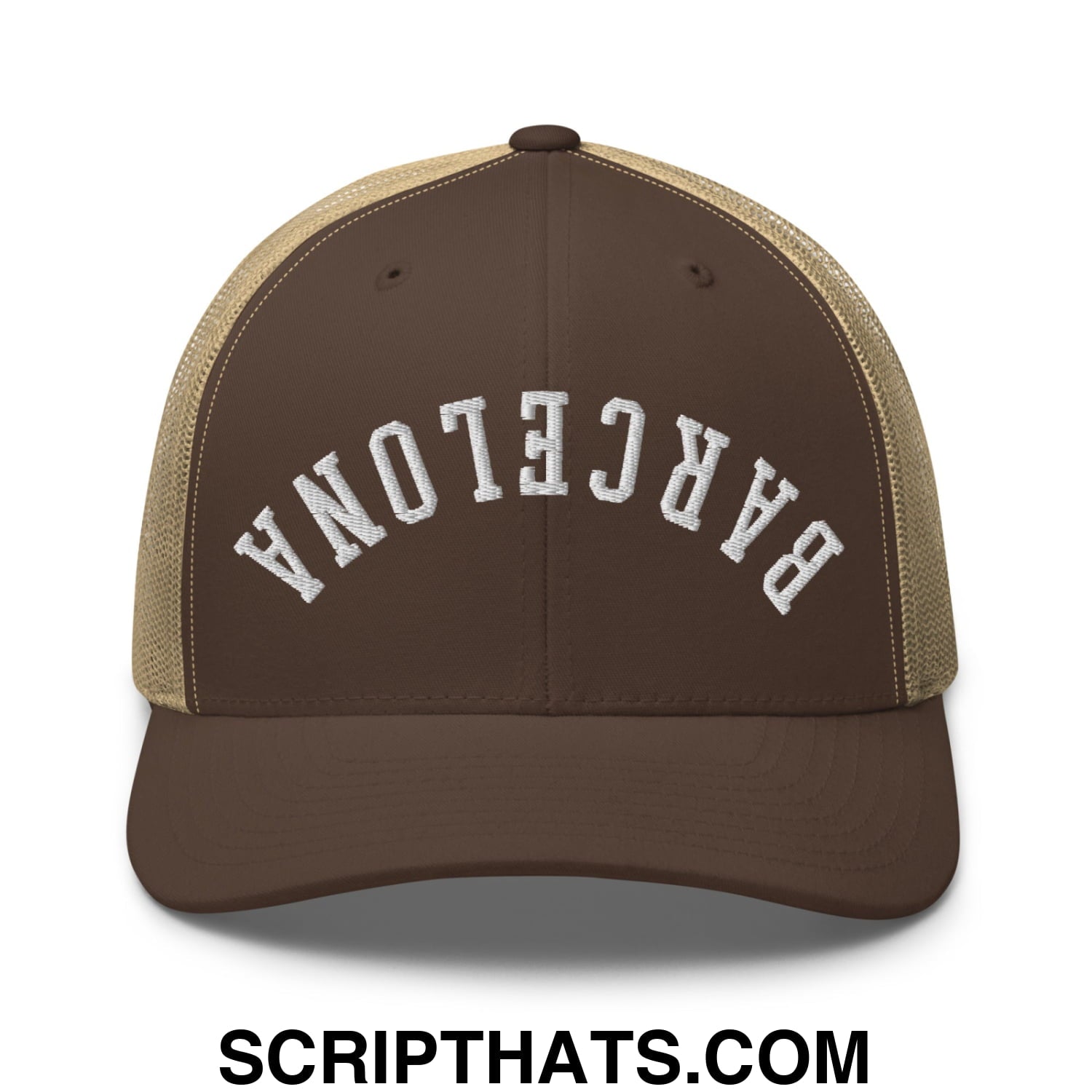 Upside Down Barcelona Embroidered Mesh Trucker Hat Brown Khaki