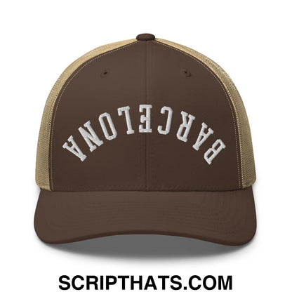 Upside Down Barcelona Embroidered Mesh Trucker Hat Brown Khaki