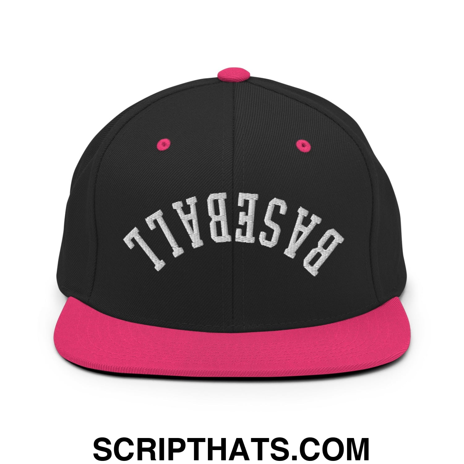 Upside Down Baseball Embroidered Flat Bill Brim Snapback Hat Black Neon Pink