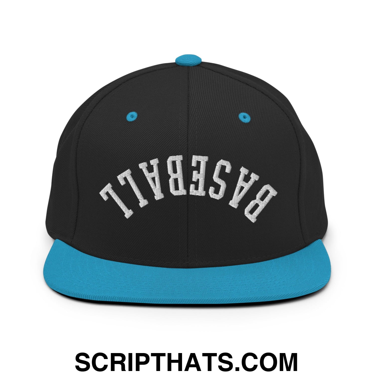Upside Down Baseball Embroidered Flat Bill Brim Snapback Hat Black Teal