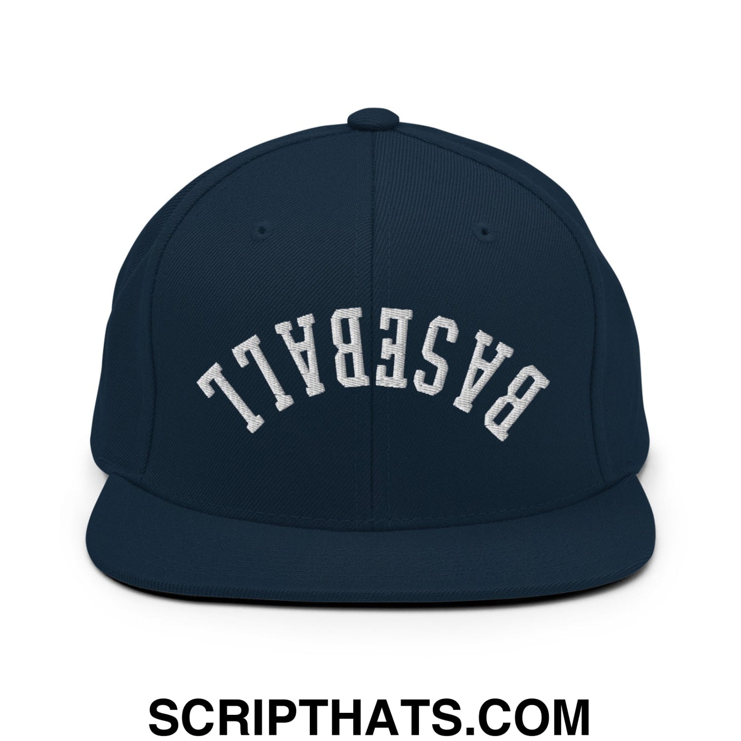 Upside Down Baseball Embroidered Flat Bill Brim Snapback Hat Dark Navy
