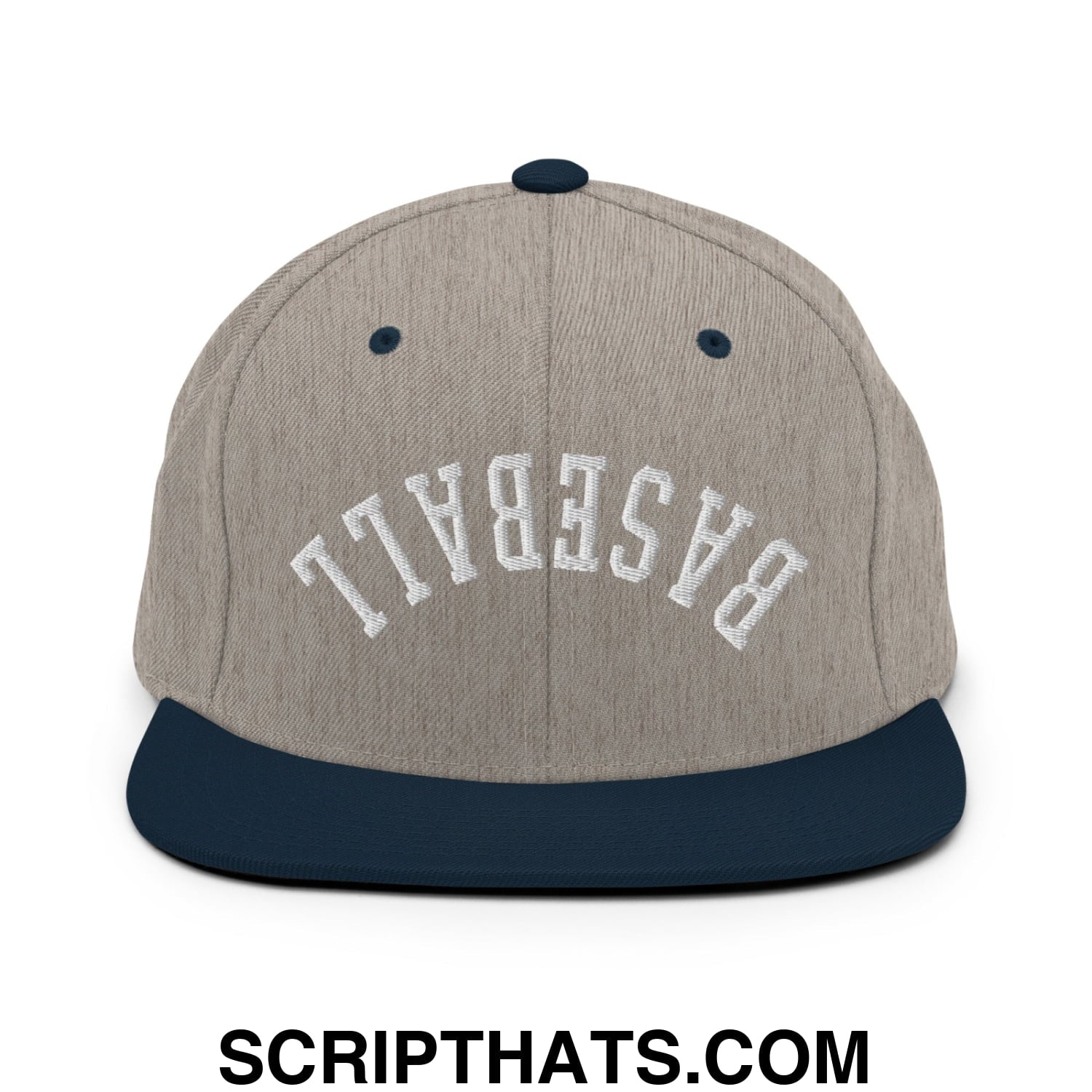 Upside Down Baseball Embroidered Flat Bill Brim Snapback Hat Heather Grey Navy