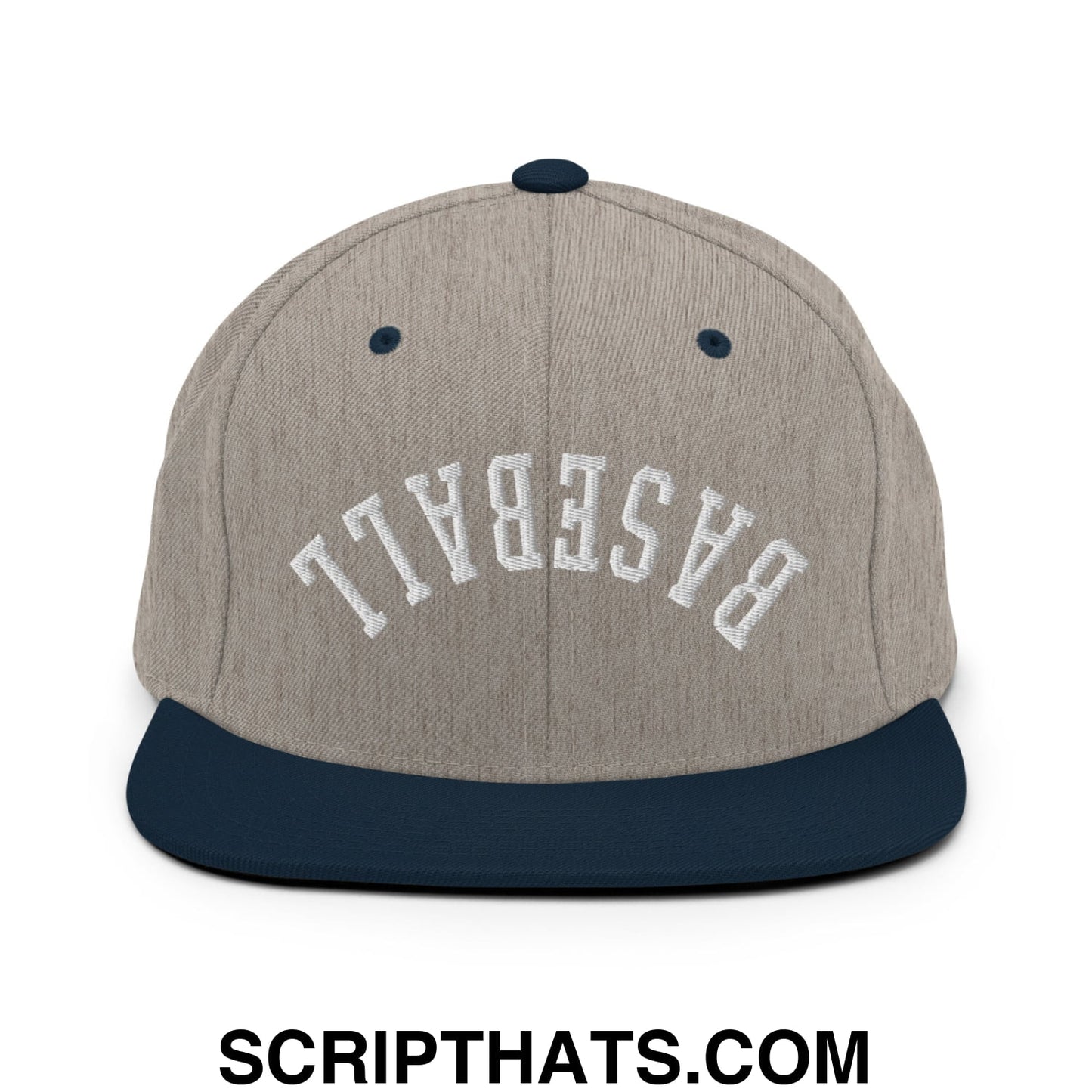 Upside Down Baseball Embroidered Flat Bill Brim Snapback Hat Heather Grey Navy