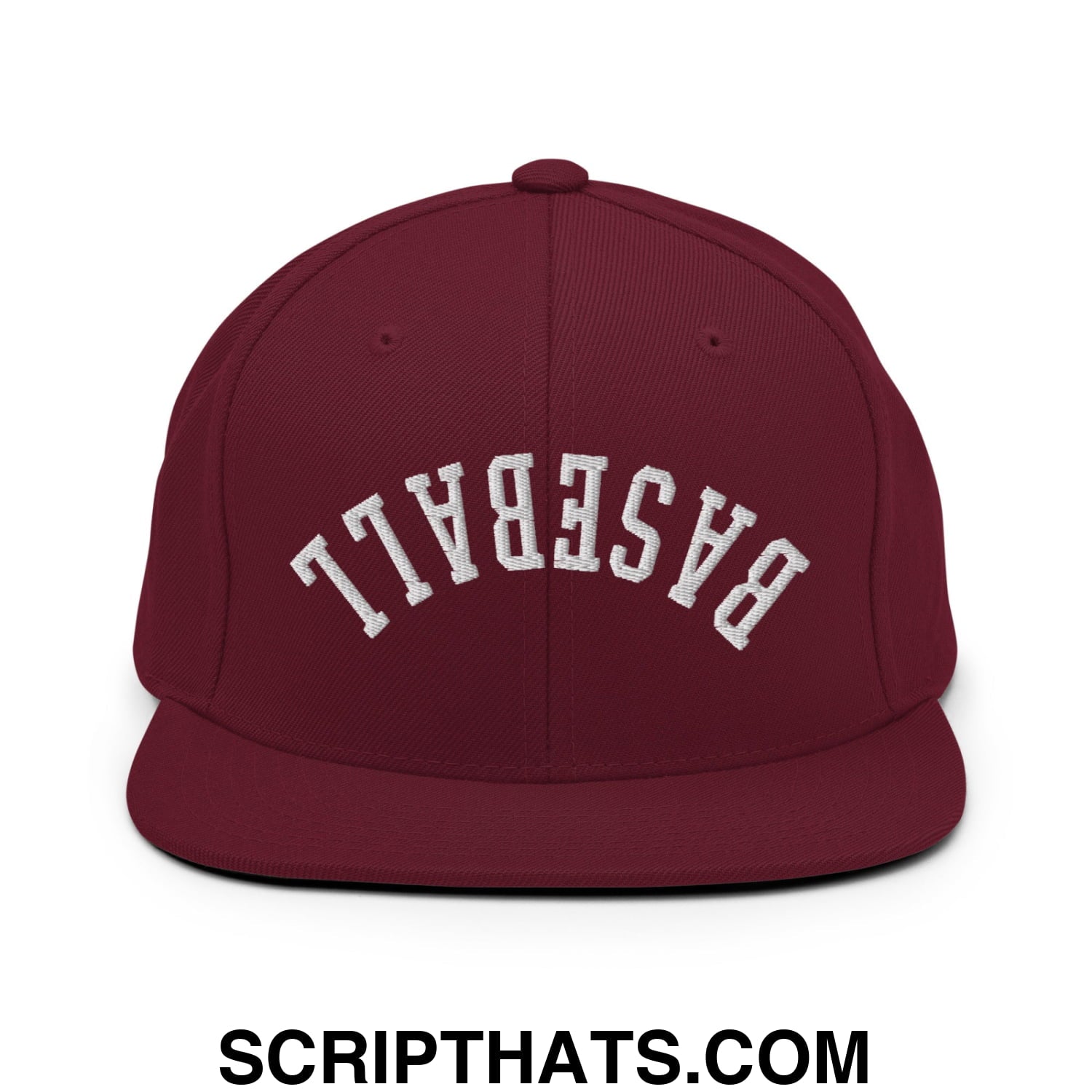 Upside Down Baseball Embroidered Flat Bill Brim Snapback Hat Maroon