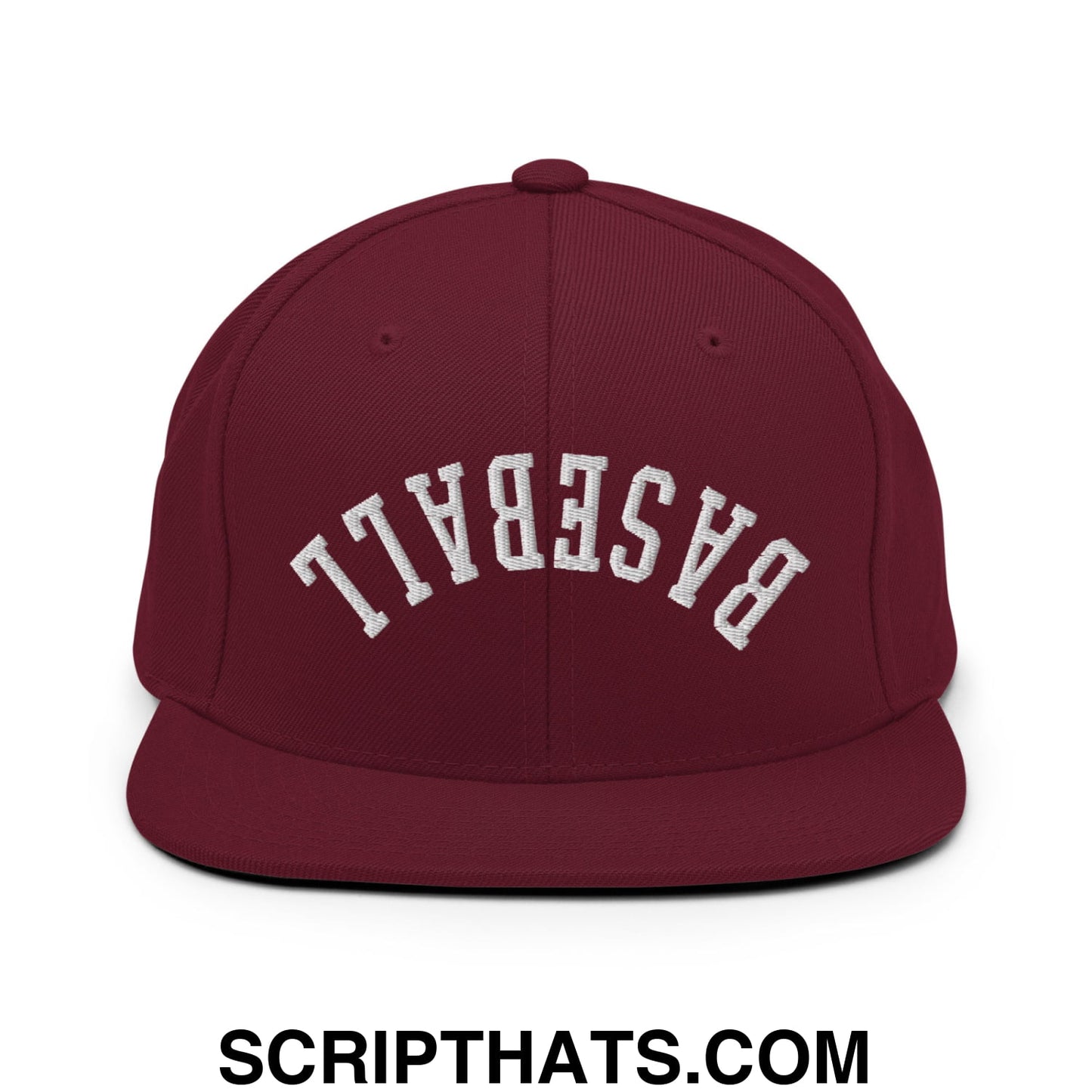 Upside Down Baseball Embroidered Flat Bill Brim Snapback Hat Maroon