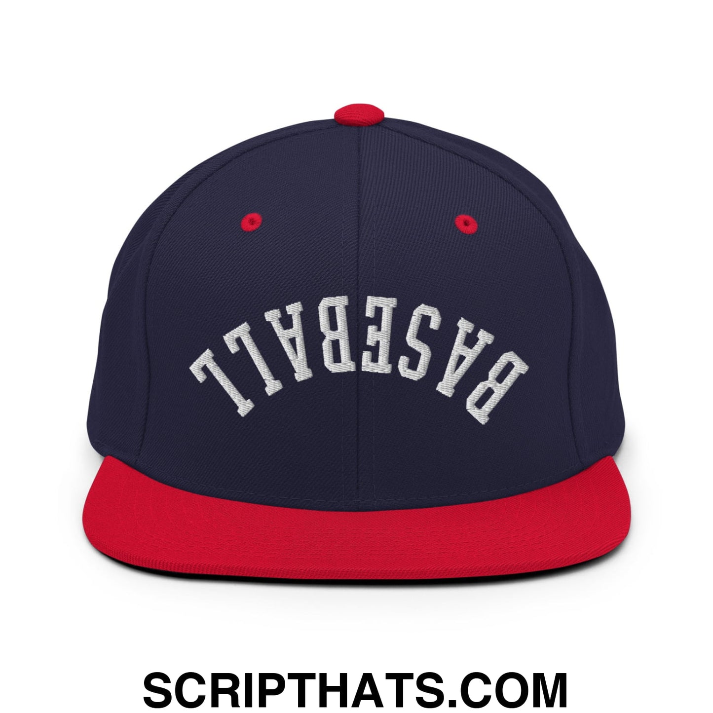 Upside Down Baseball Embroidered Flat Bill Brim Snapback Hat Navy Red