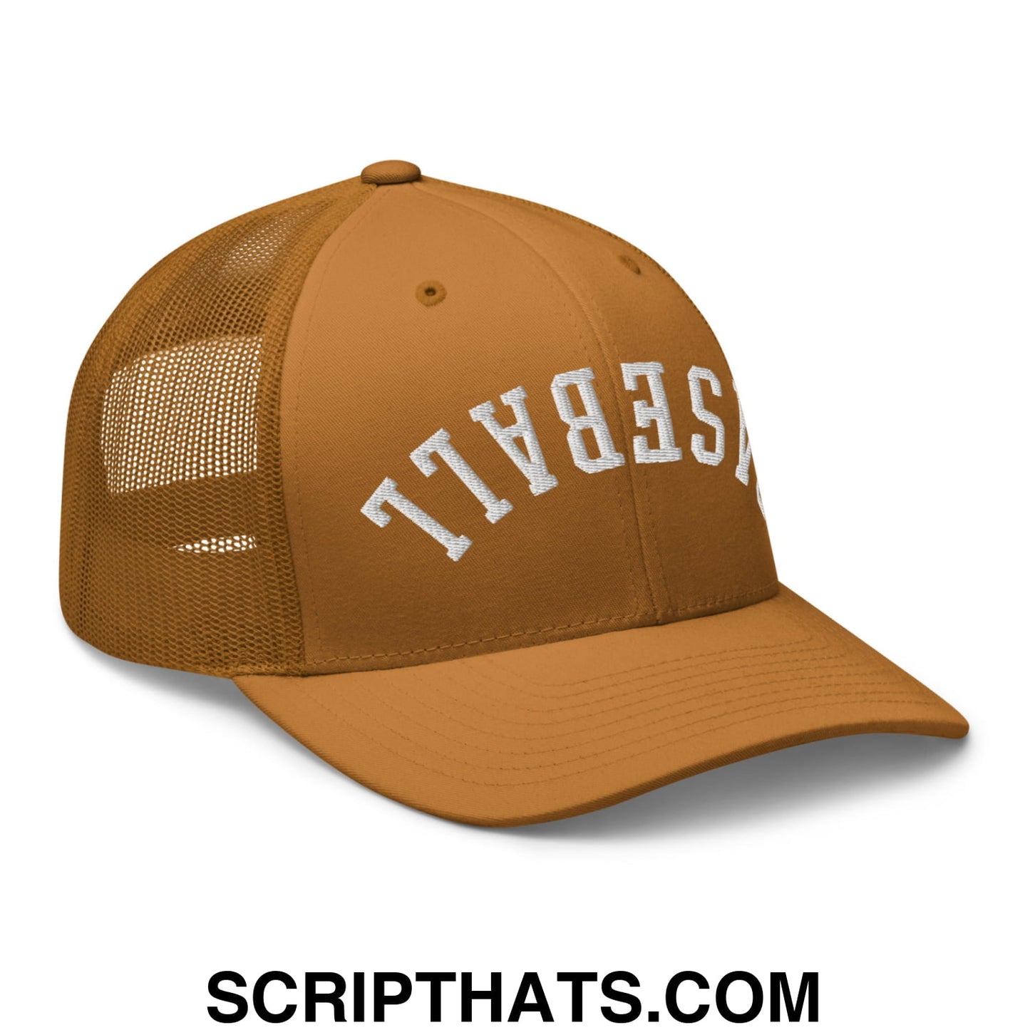 Upside Down Baseball Embroidered Mesh Trucker Hat Caramel