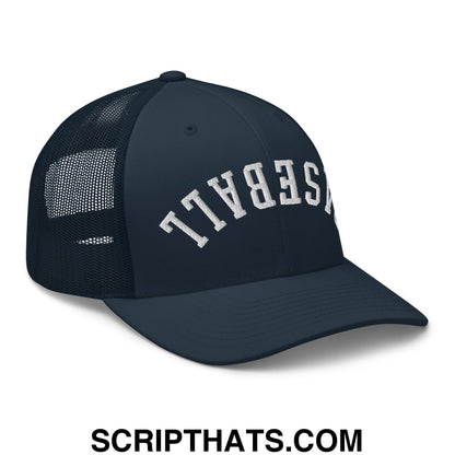 Upside Down Baseball Embroidered Mesh Trucker Hat Navy