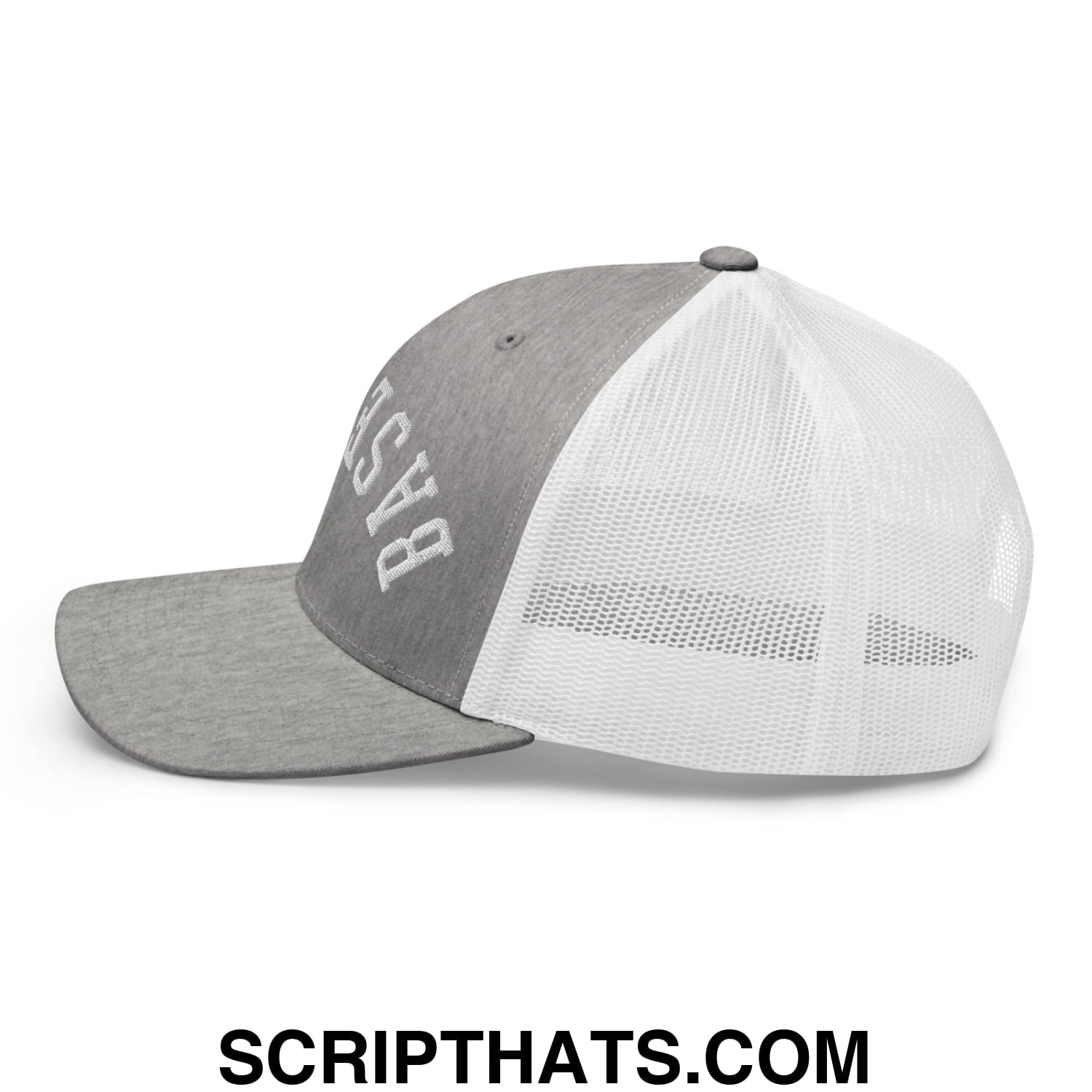 Upside Down Baseball Embroidered Mesh Trucker Hat Heather Grey White