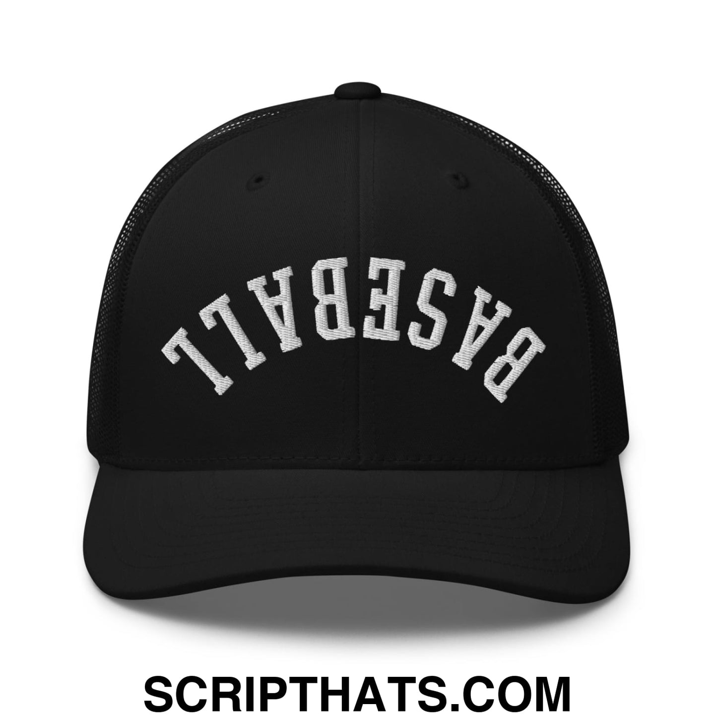 Upside Down Baseball Embroidered Mesh Trucker Hat Black