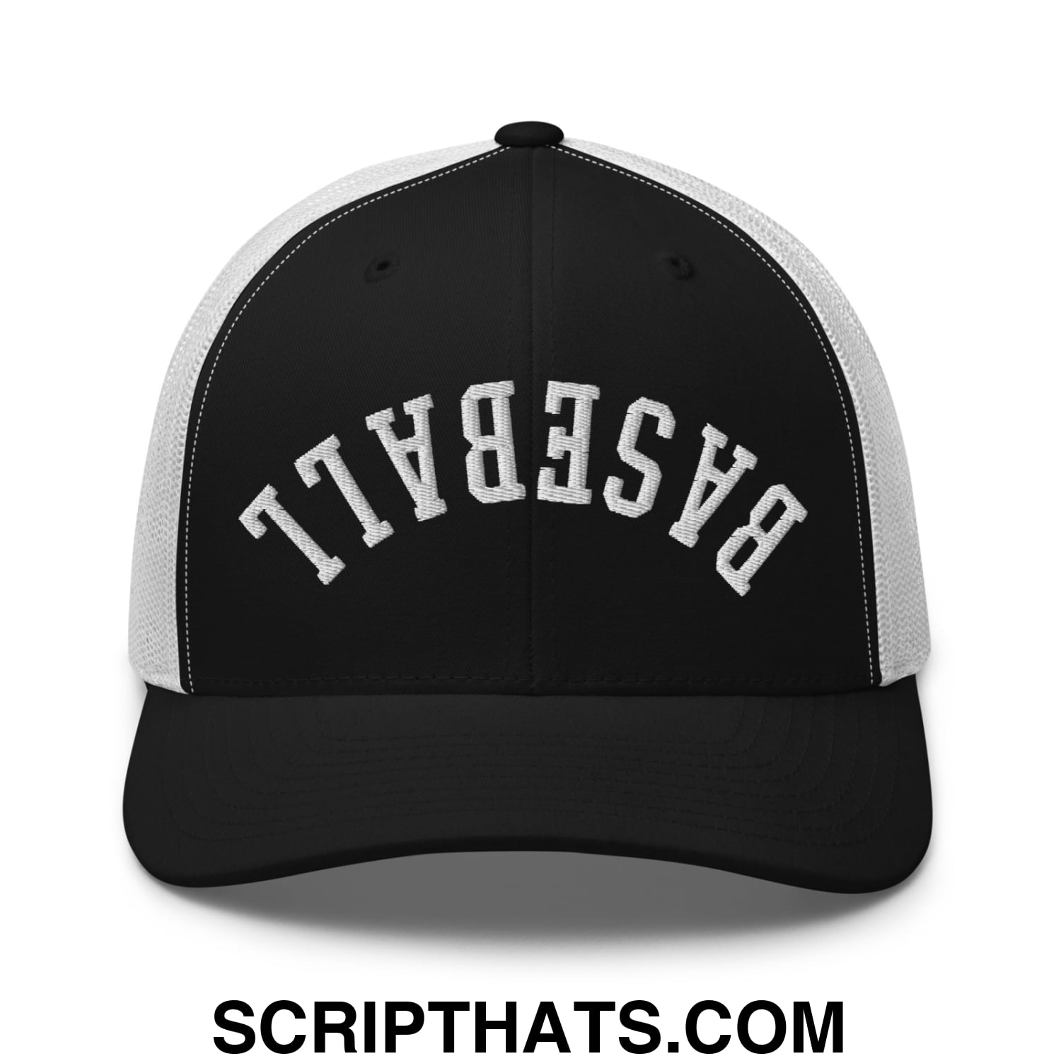 Upside Down Baseball Embroidered Mesh Trucker Hat Black White
