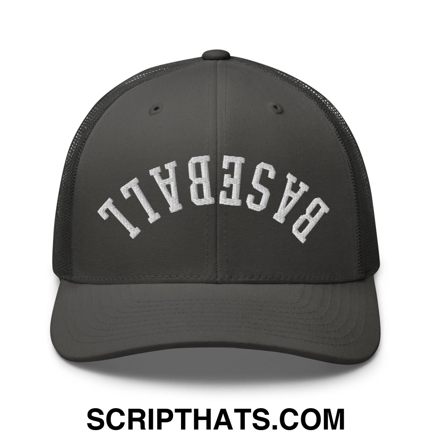 Upside Down Baseball Embroidered Mesh Trucker Hat Charcoal