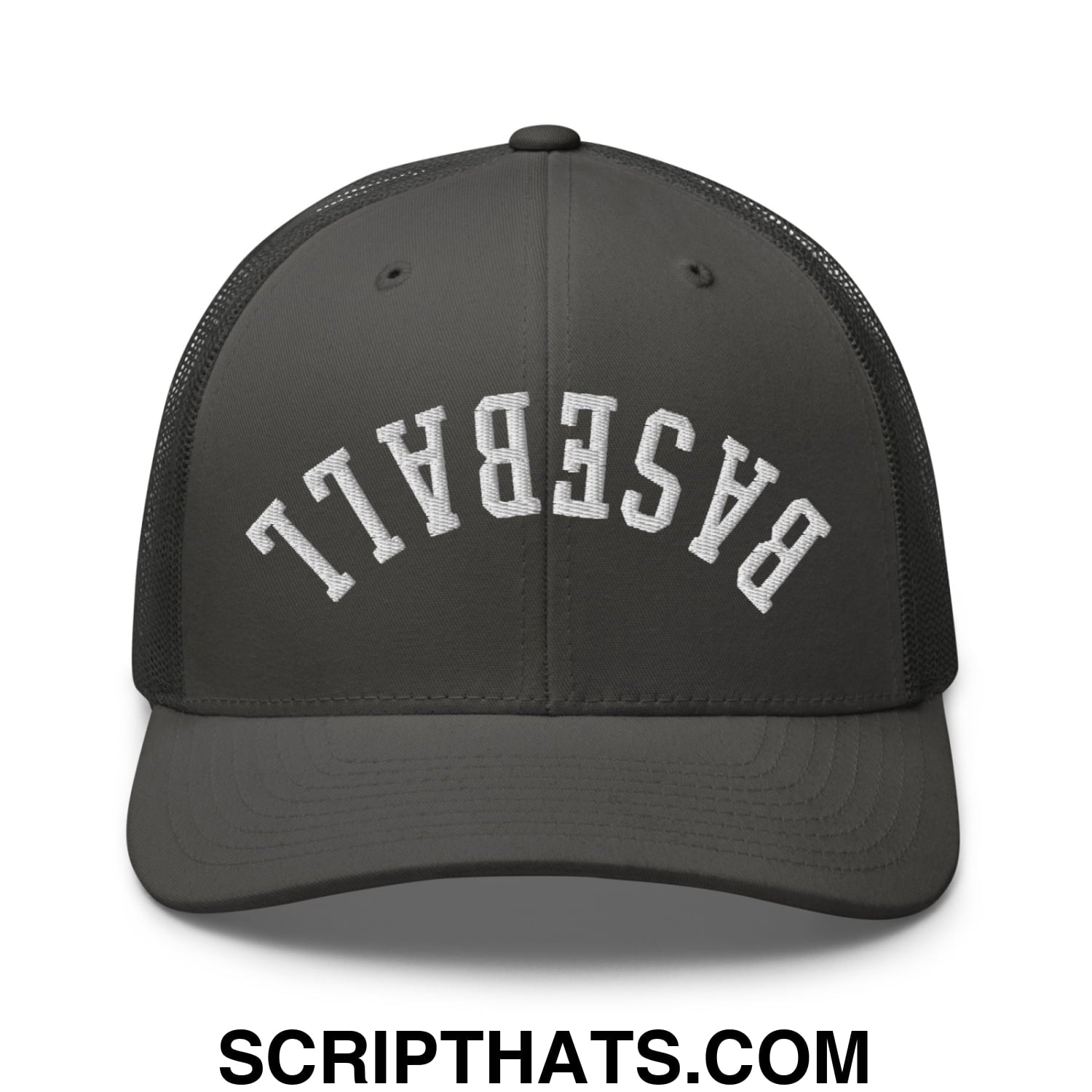 Upside Down Baseball Embroidered Mesh Trucker Hat Charcoal