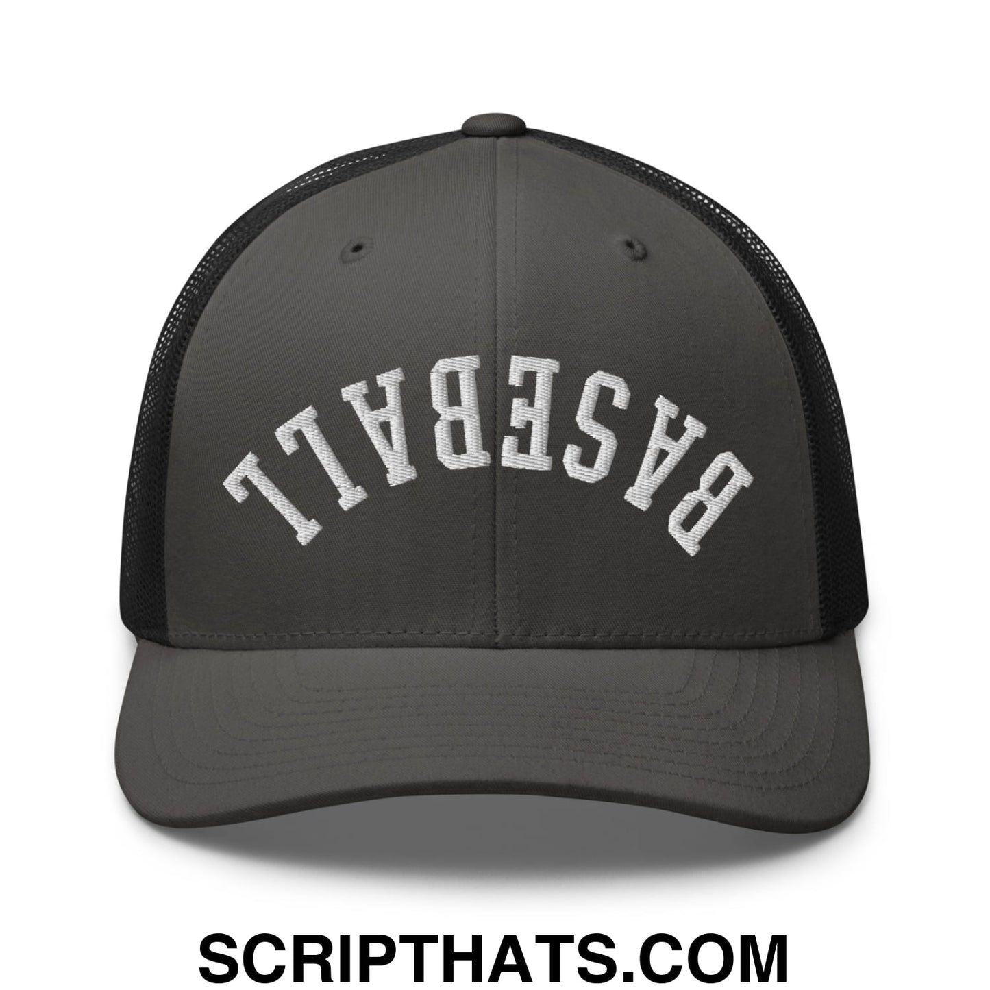 Upside Down Baseball Embroidered Mesh Trucker Hat Charcoal Black