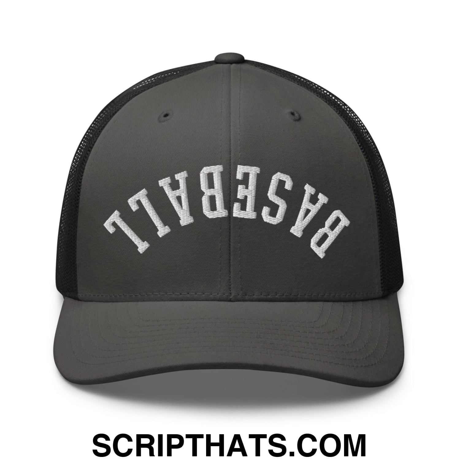 Upside Down Baseball Embroidered Mesh Trucker Hat Charcoal Black