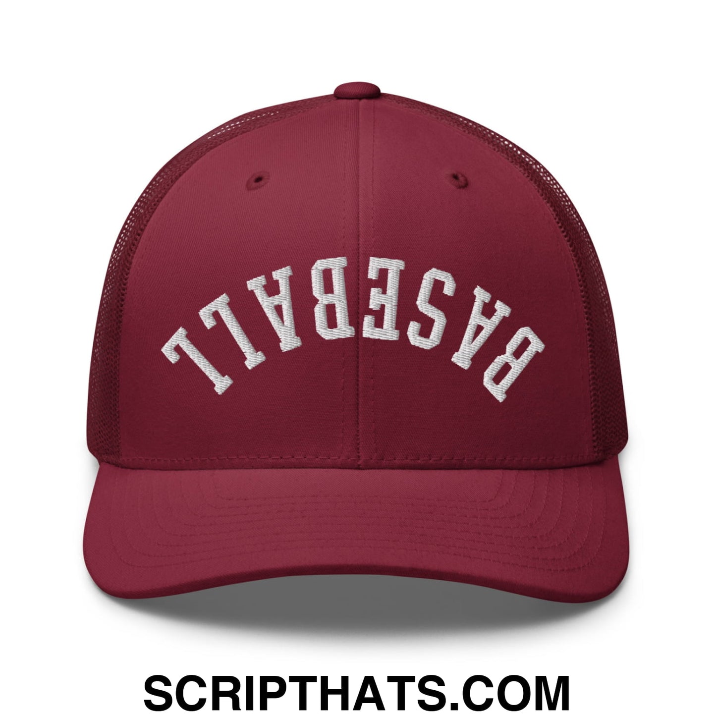 Upside Down Baseball Embroidered Mesh Trucker Hat Cranberry