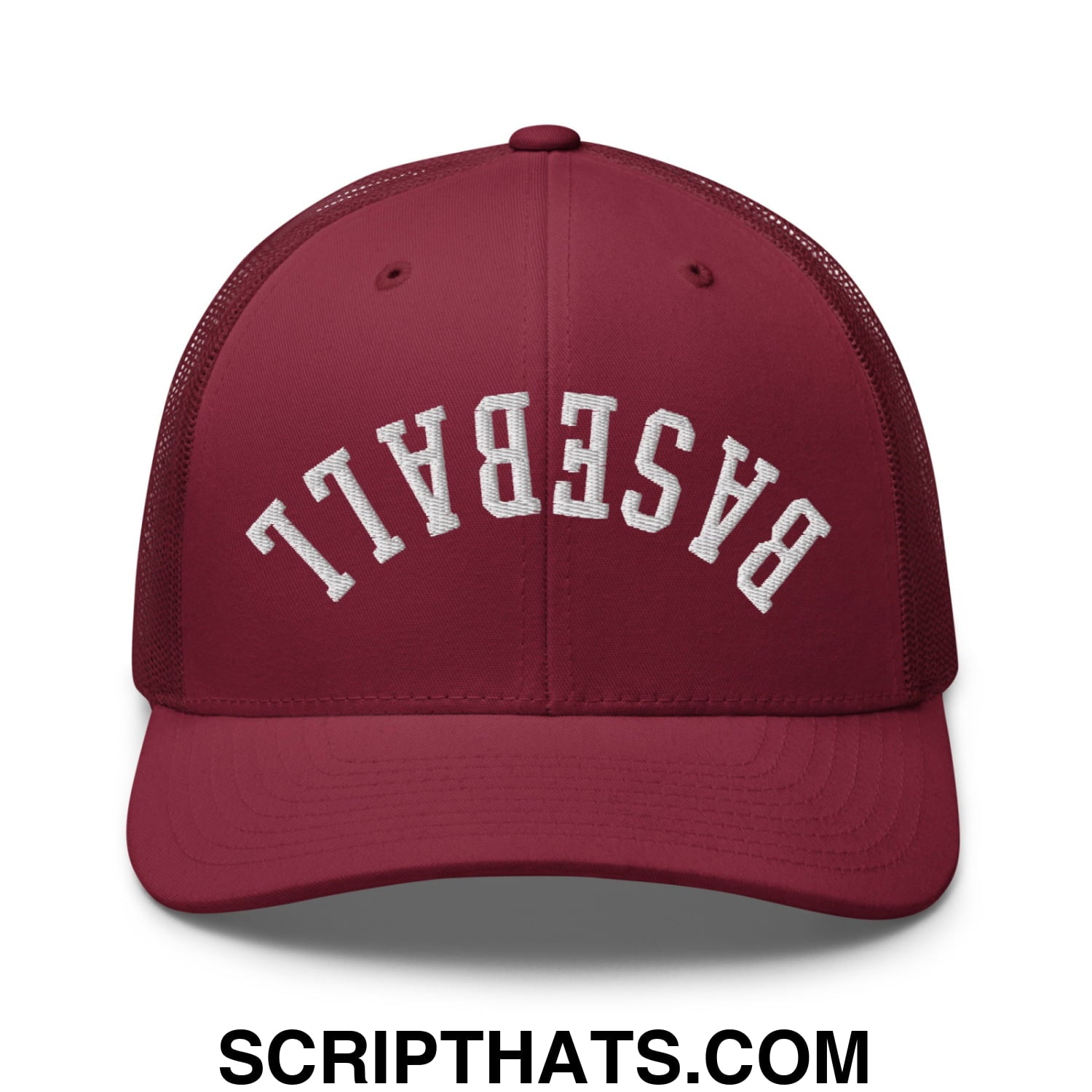 Upside Down Baseball Embroidered Mesh Trucker Hat Cranberry