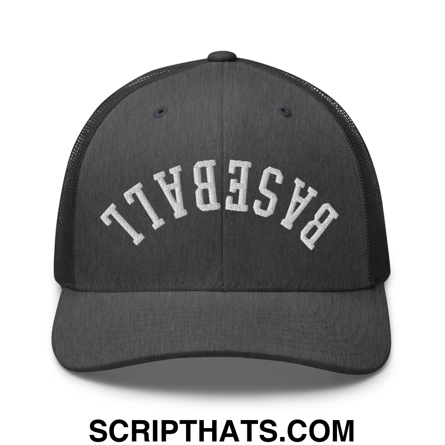Upside Down Baseball Embroidered Mesh Trucker Hat Dark Heather Gray