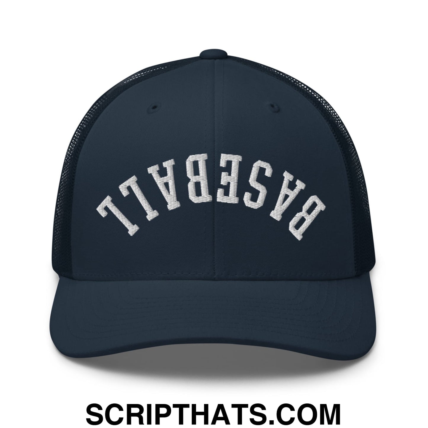 Upside Down Baseball Embroidered Mesh Trucker Hat Navy