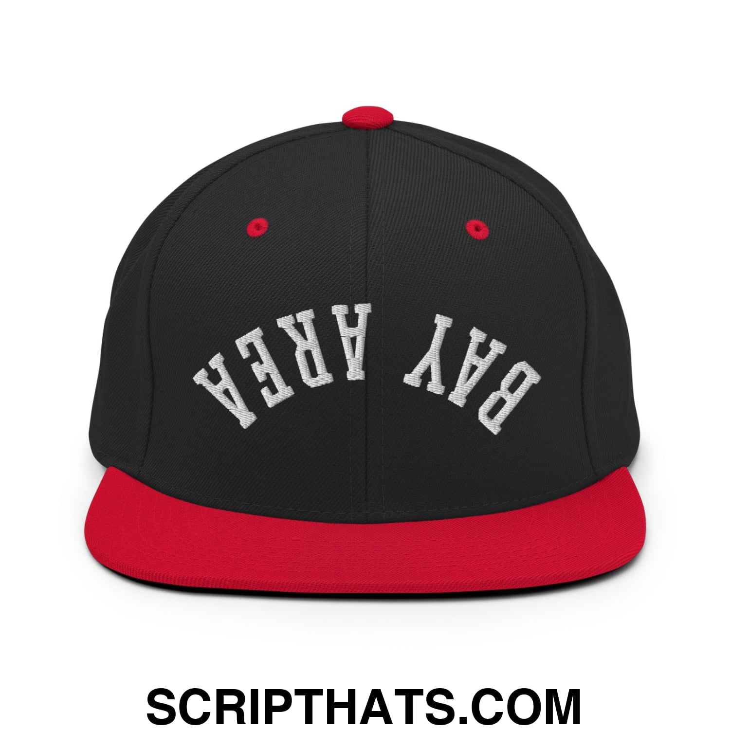 Upside Down Bay Area Embroidered Flat Bill Brim Snapback Hat Black Red
