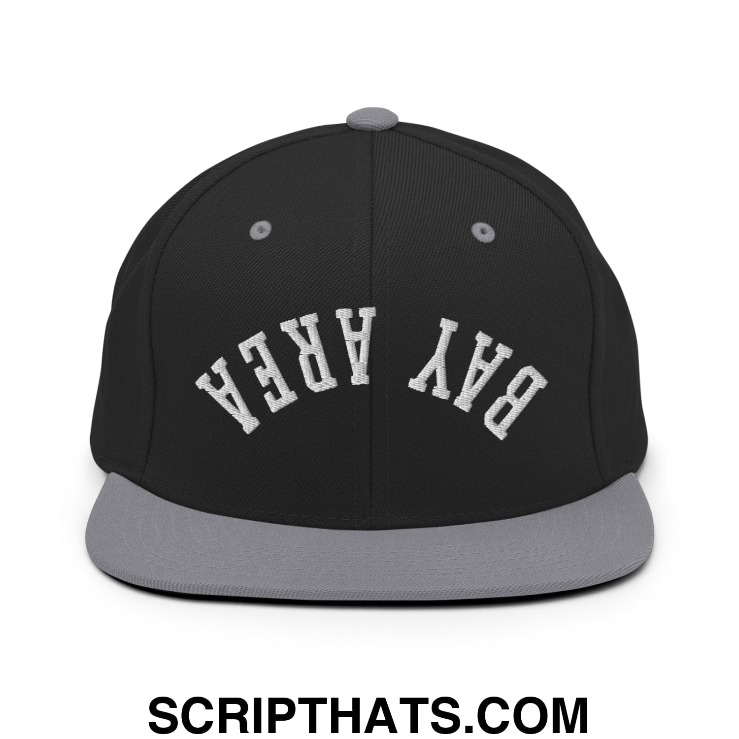 Upside Down Bay Area Embroidered Flat Bill Brim Snapback Hat Black Silver