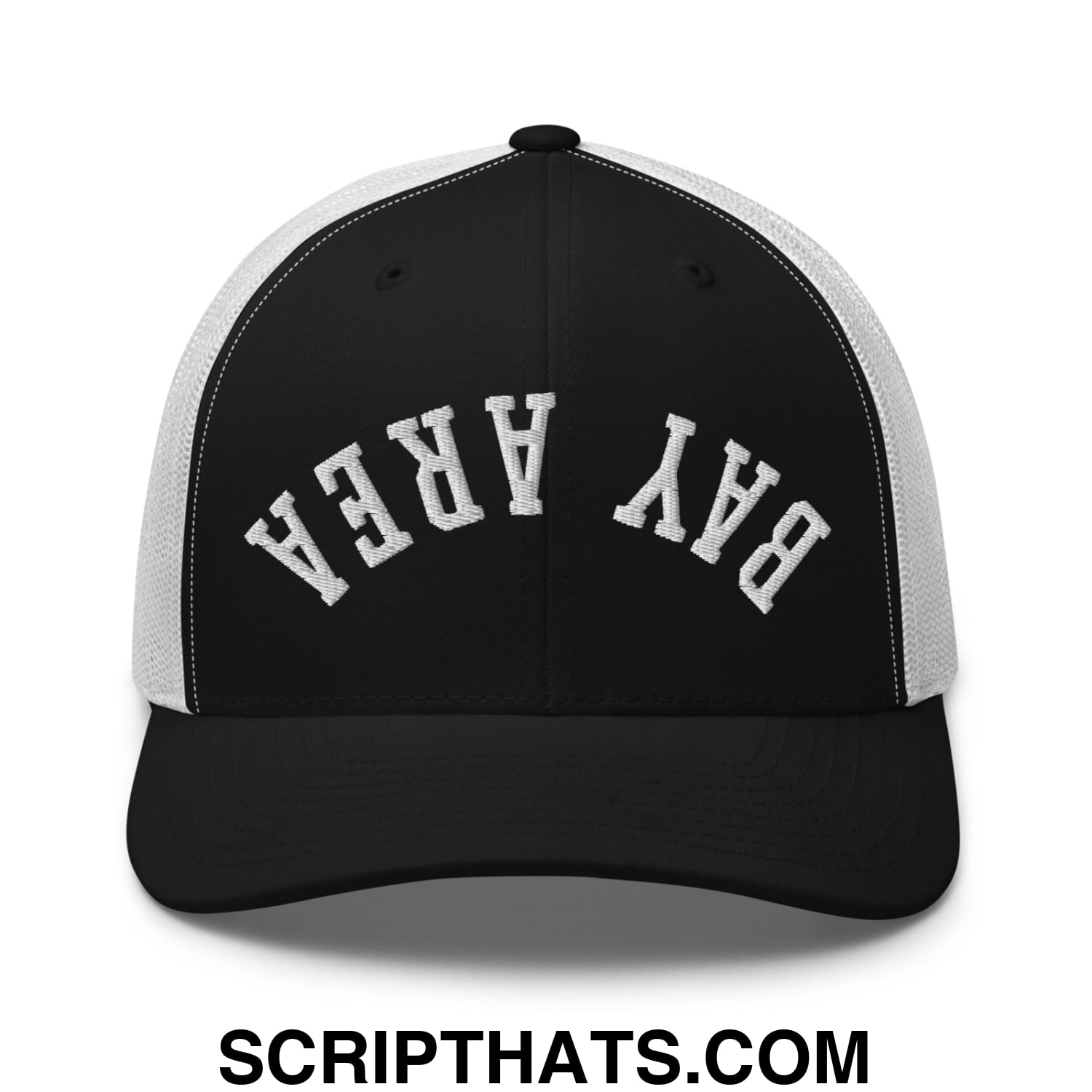 Upside Down Bay Area Embroidered Mesh Trucker Hat Black White