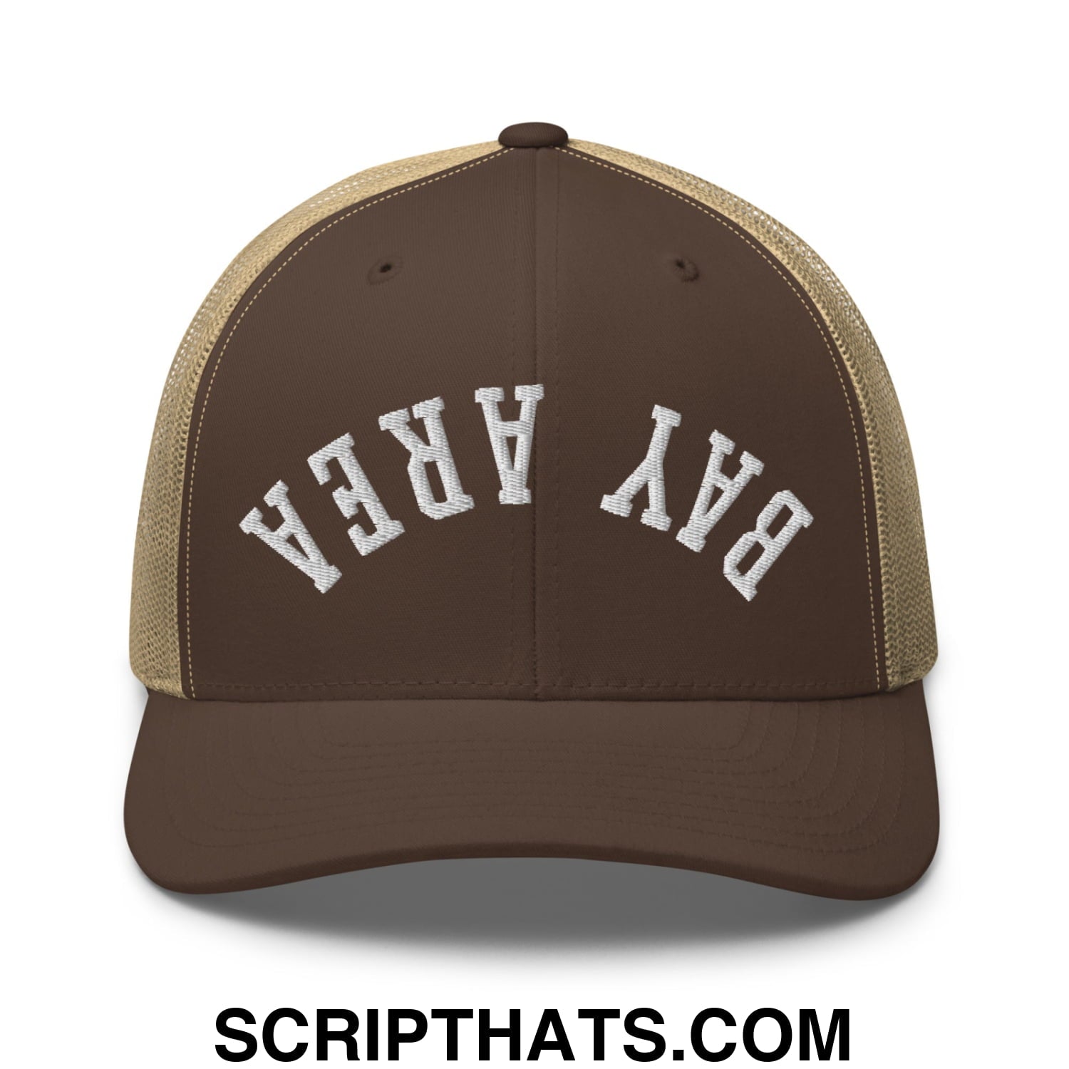 Upside Down Bay Area Embroidered Mesh Trucker Hat Brown Khaki