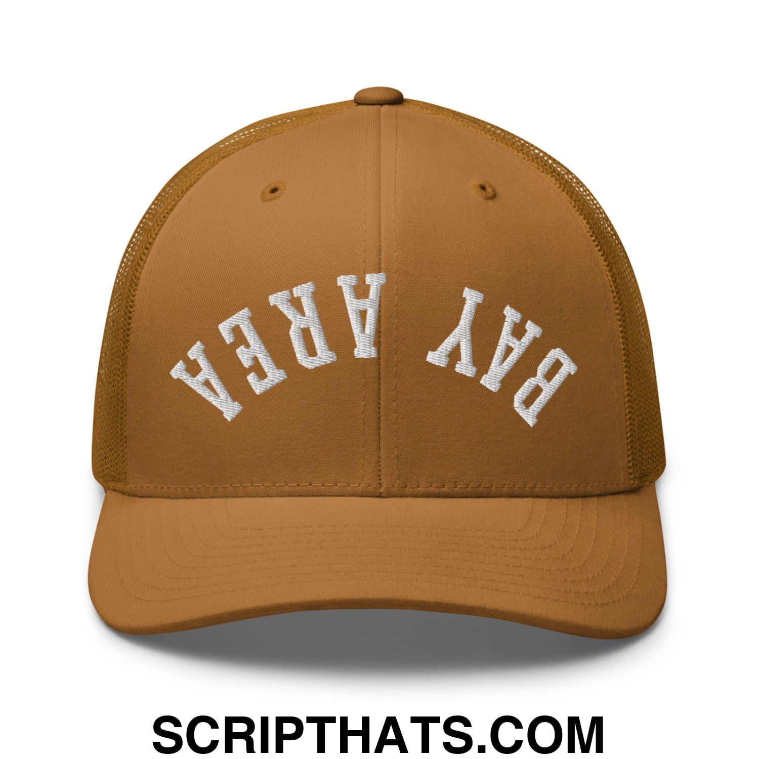 Upside Down Bay Area Embroidered Mesh Trucker Hat Caramel