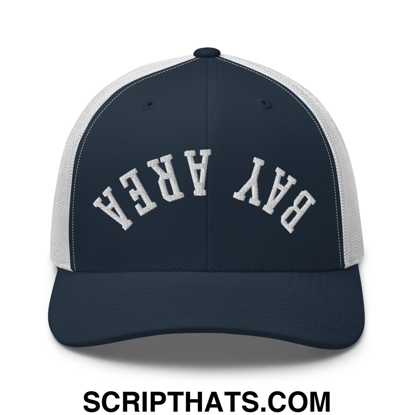Upside Down Bay Area Embroidered Mesh Trucker Hat Navy White