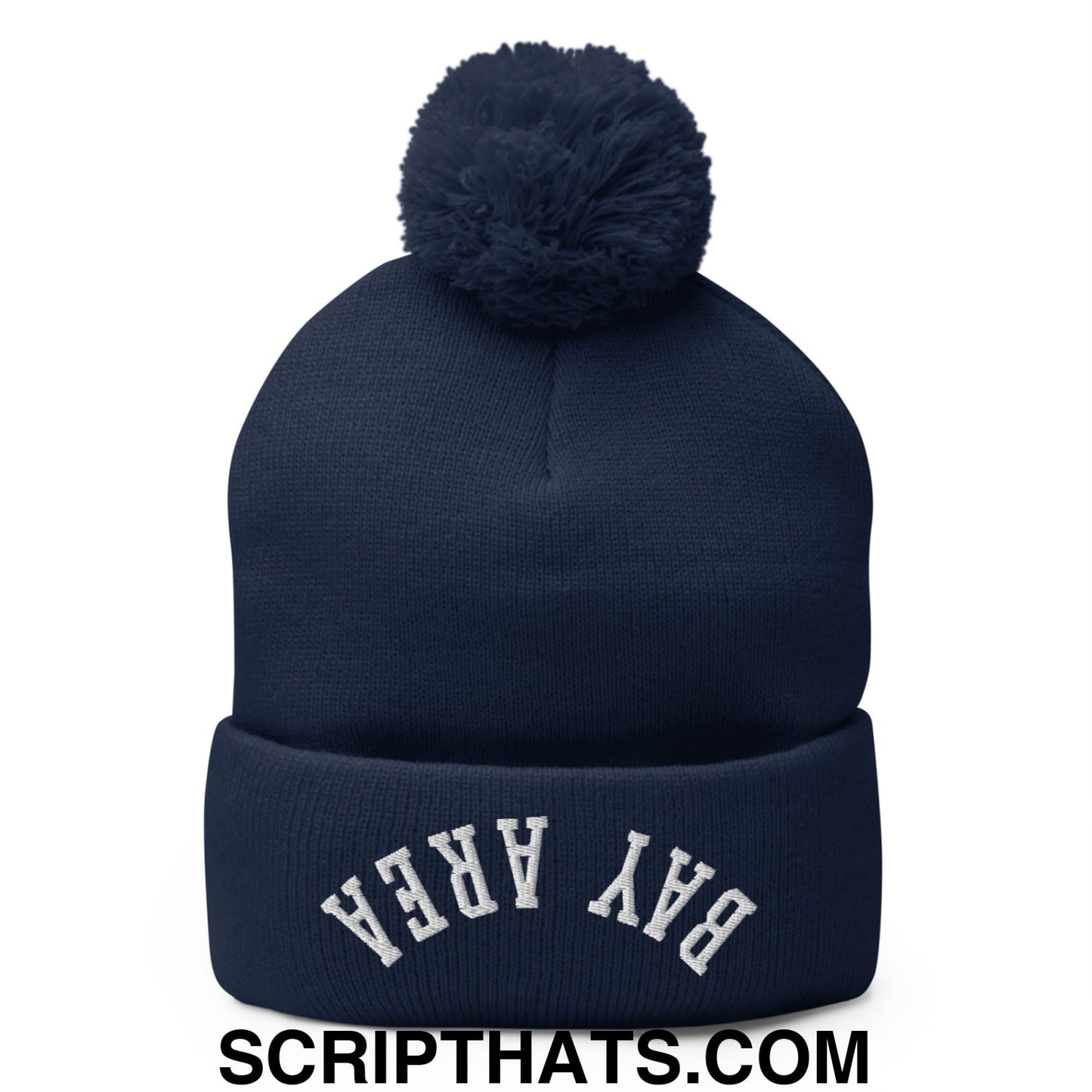 Upside Down Bay Area Embroidered Pom Pom Knit Beanie Navy