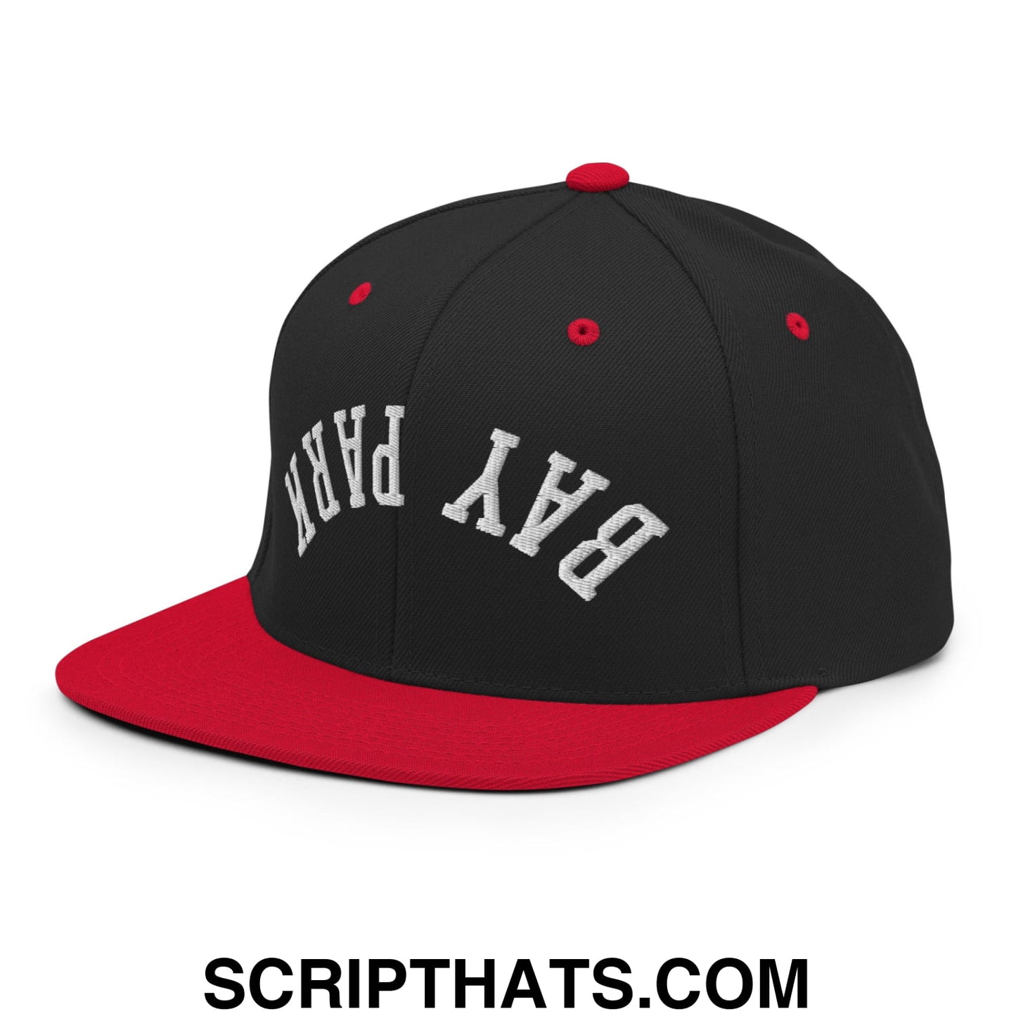 Black and red snapback cap with white embroidered bay park lettering on flat bill brim for casual wear