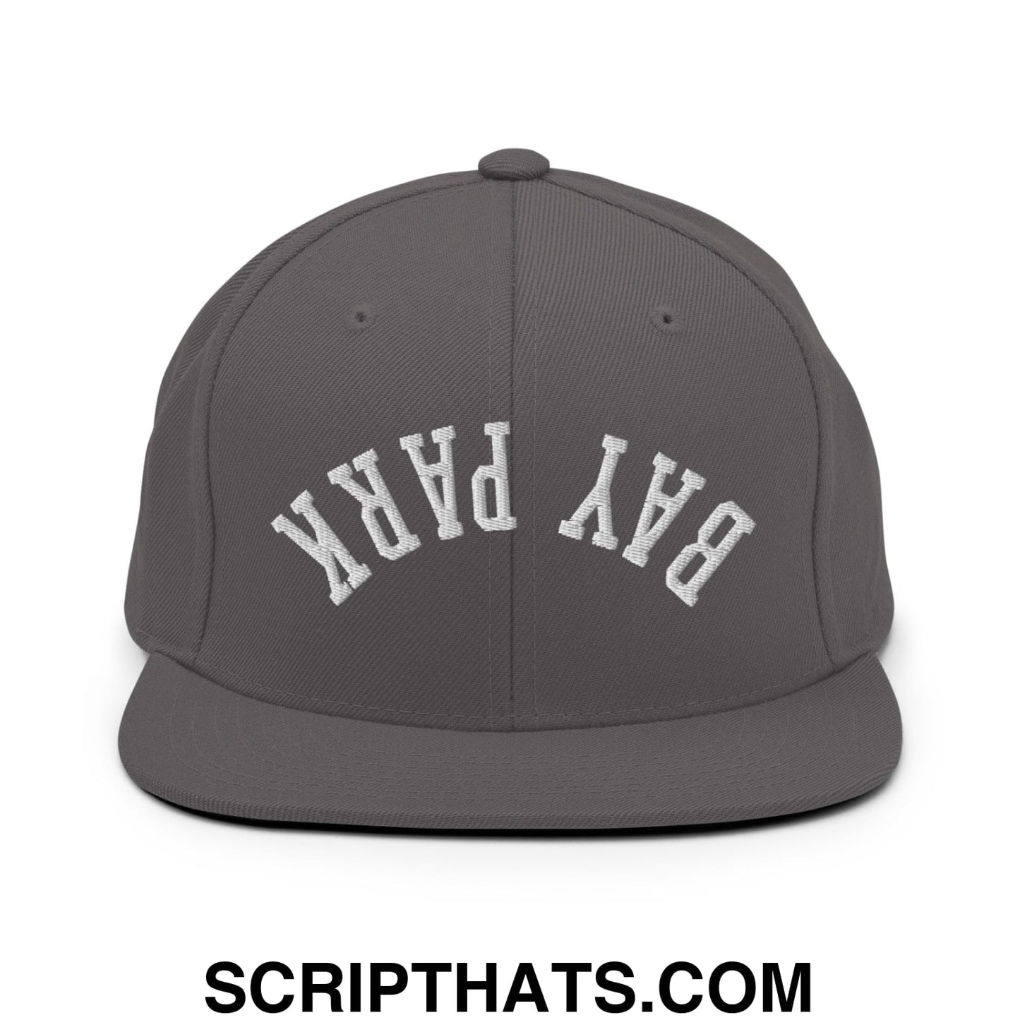Gray snapback cap with white embroidered bay park lettering in an arched design and flat bill brim